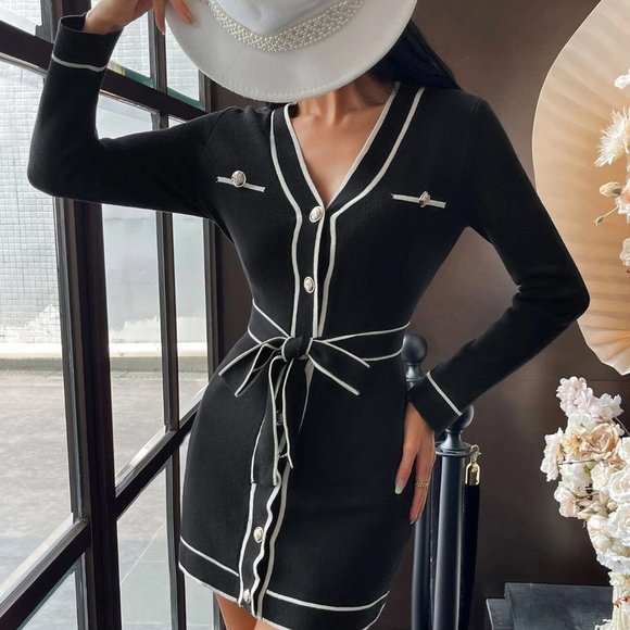 Black Preppy Womens Contrast Piping Belted Sweater Dress - Picture 3 of 5